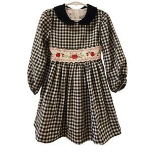 Bonnie Jean Smock Embroidered Rose Black White Gingham Velvet Collar 4T NWT